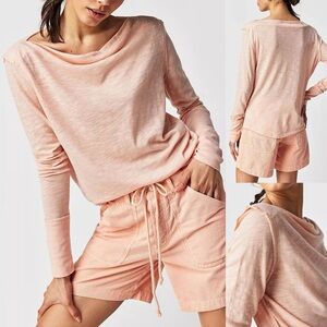NWOT Free People We The Free Kimmi Long Sleeves Tee Top Pretty In Peach Small